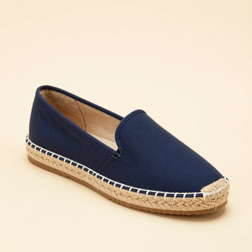 A navy canvas espadrille on a light background
