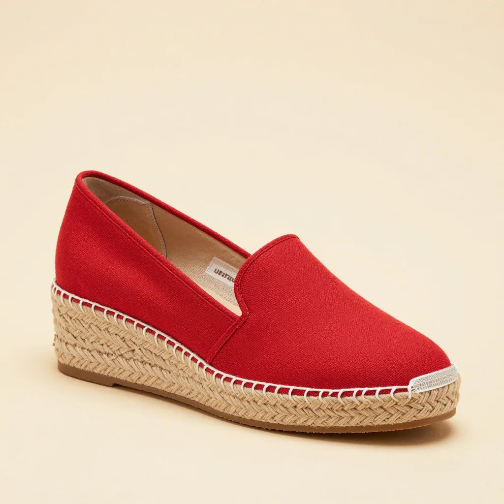 A canvas wedge espadrille in red on a light background