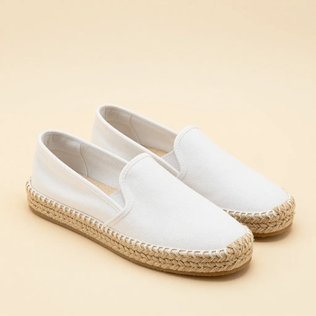 A slip-on canvas espadrille in white on a light background