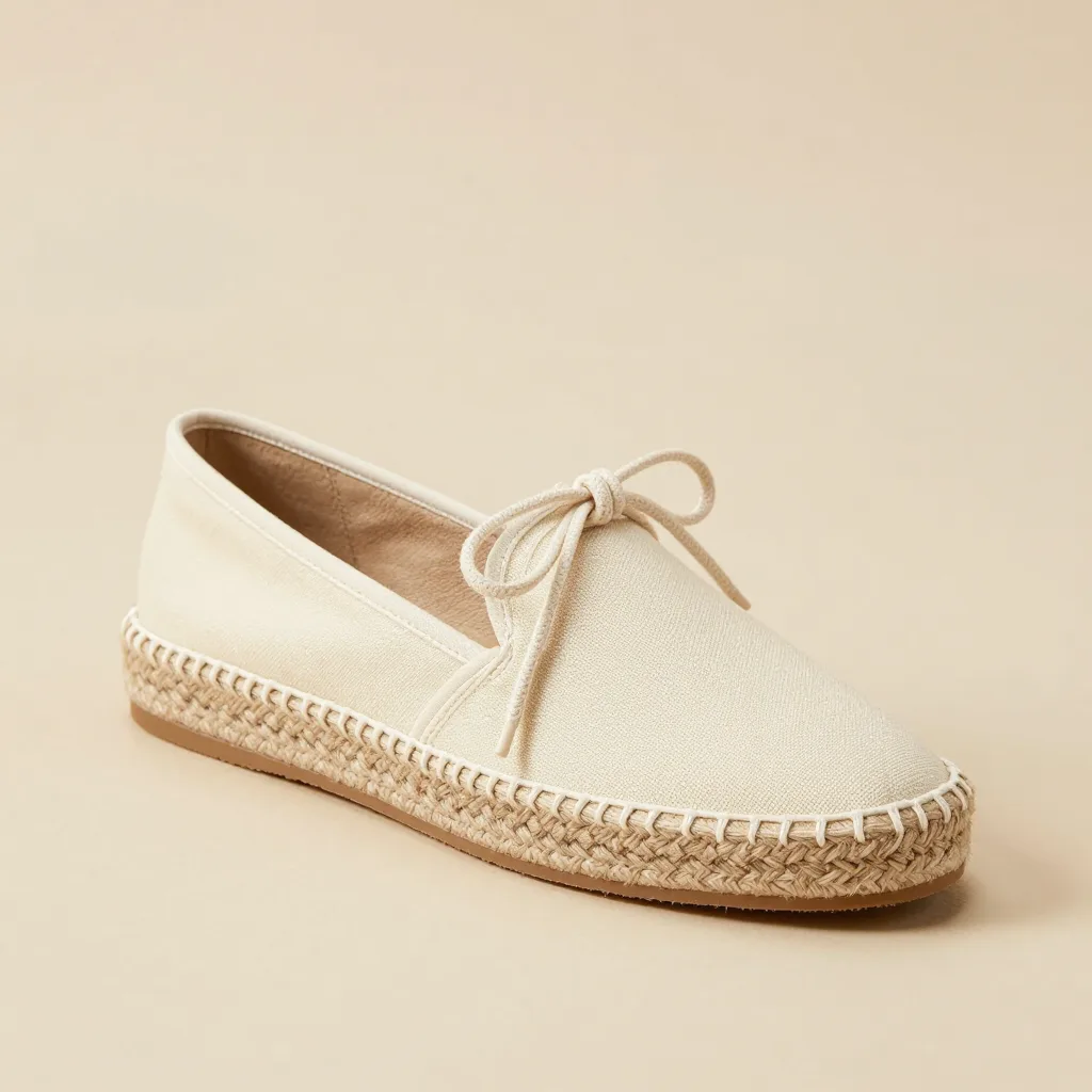 A lace-up canvas espadrille in natural on a light background