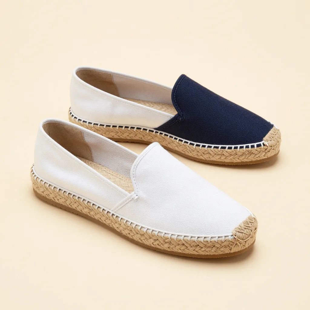 Two classic canvas espadrilles in white and navy on a light background