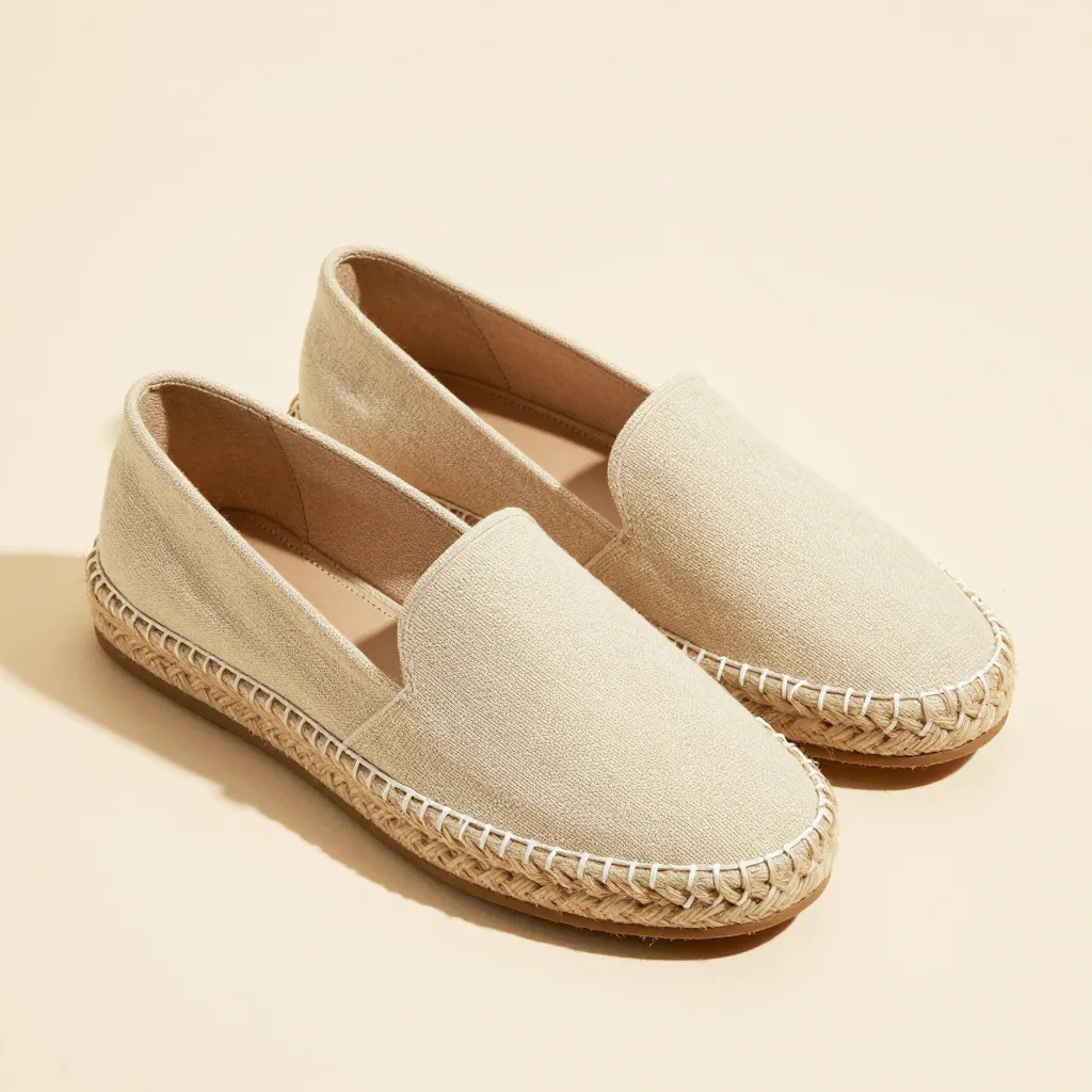 A summer espadrille set in natural canvas on a light background