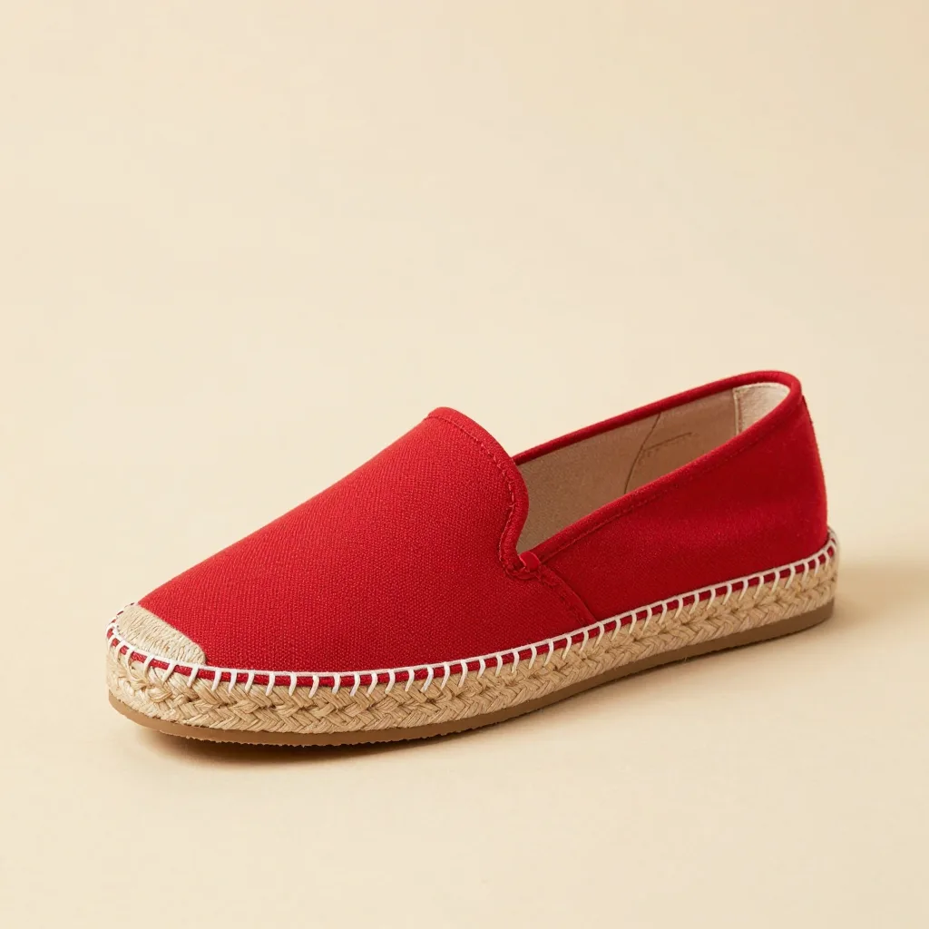 A red canvas espadrille on a light background