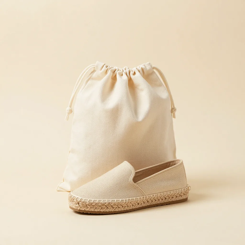 An espadrille gift set in a cotton bag on a light background